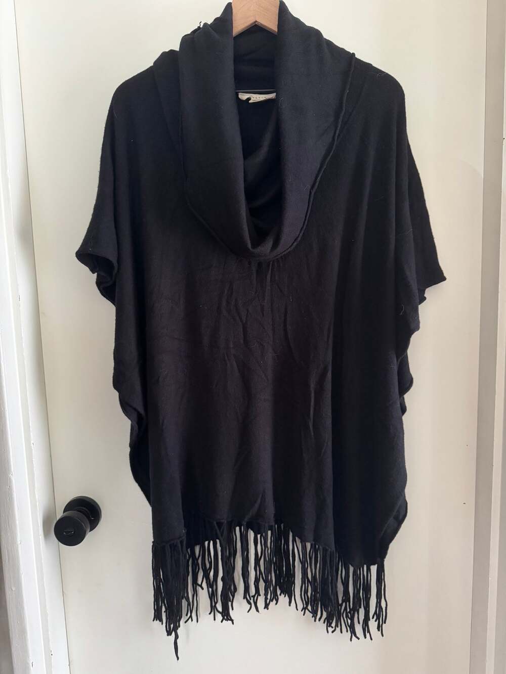 LOVESTITCH black poncho w/ big cowl neck & fringe - OS